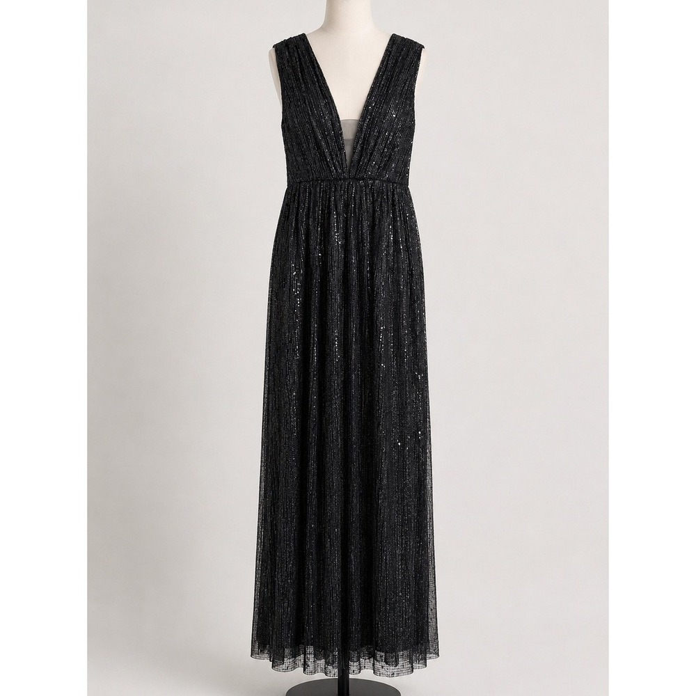 Monique Lhuillier Black Sequin Maxi Gown Deep V Formal Evening Dress 4